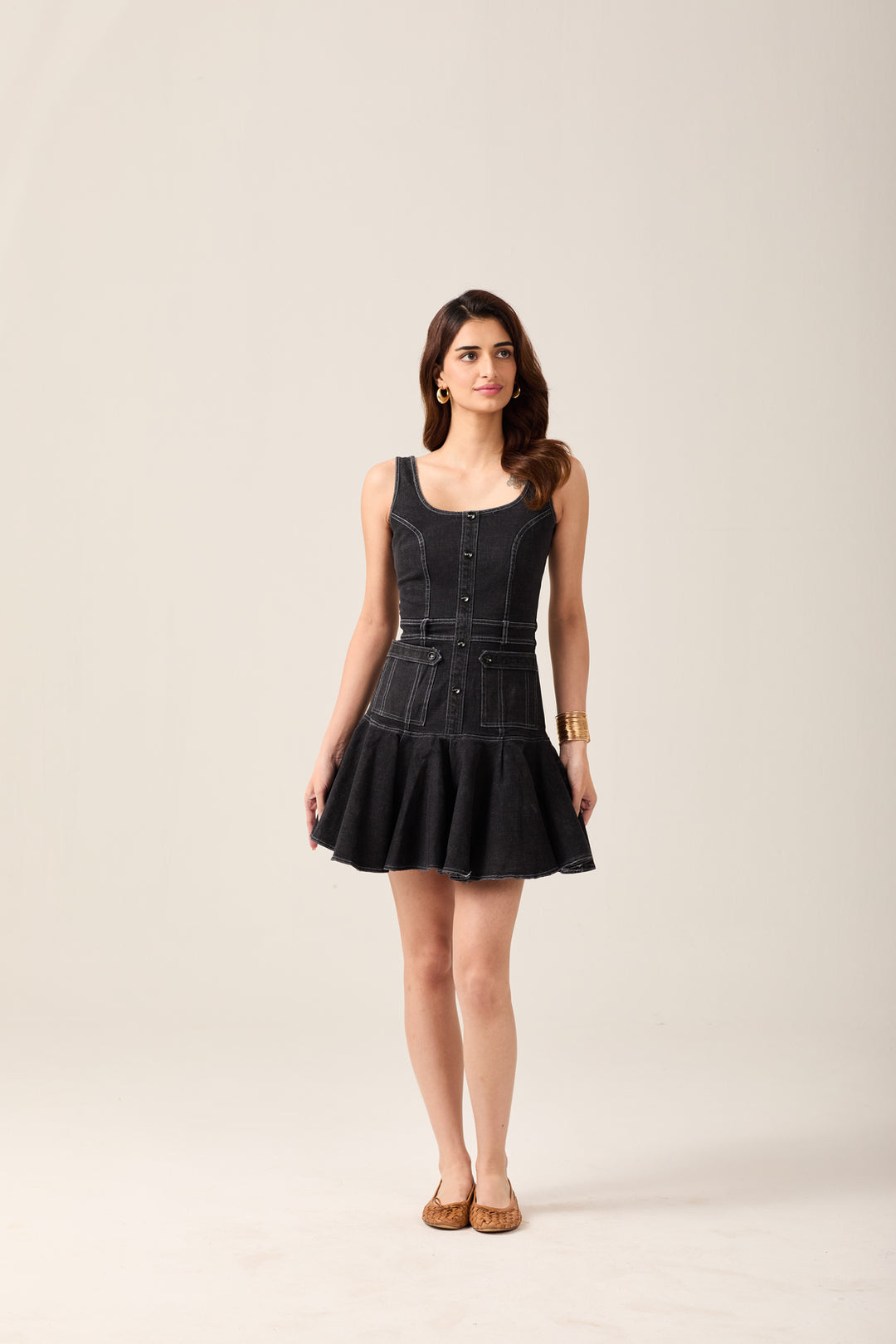 Black Denim Ruffle Hem Dress