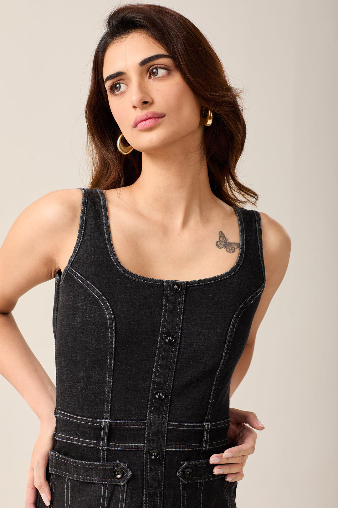 Black Denim Ruffle Hem Dress