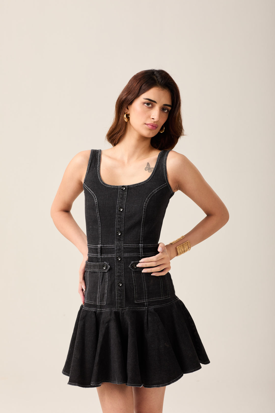 Black Denim Ruffle Hem Dress