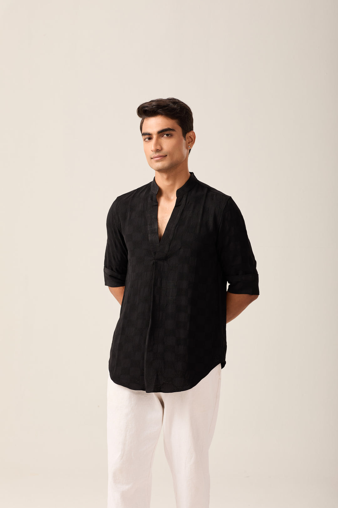 Black Mandarin Collar Shirt