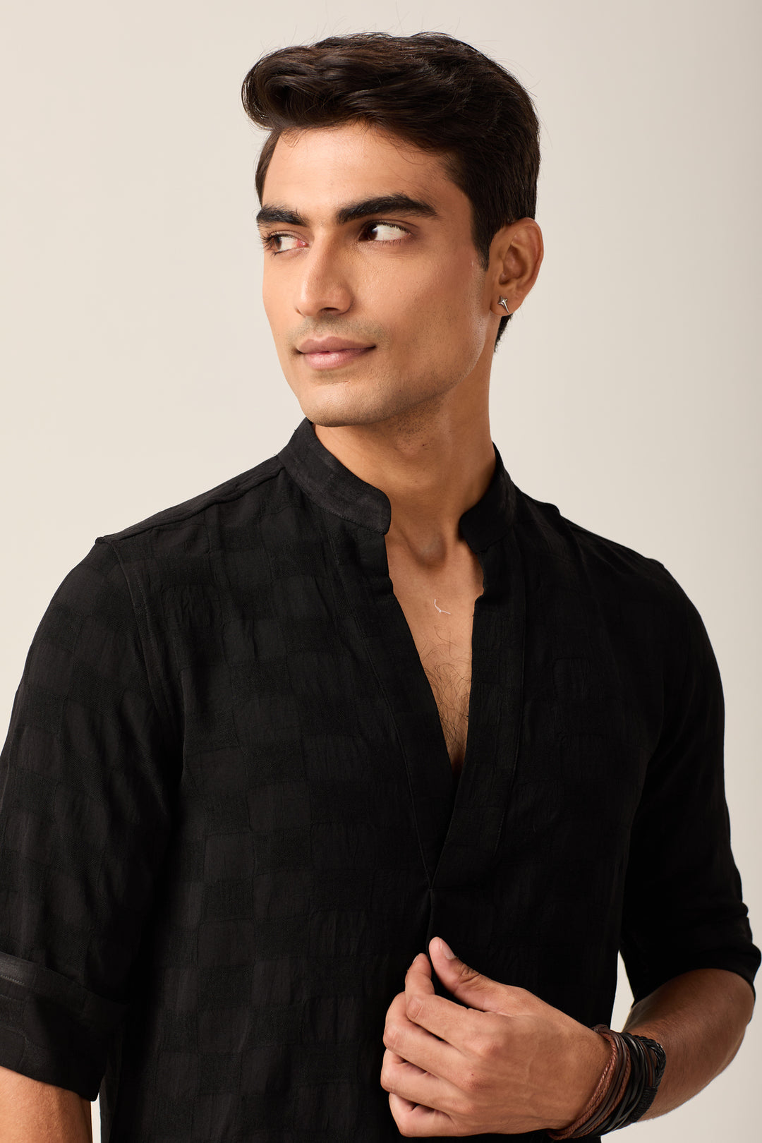 Black Mandarin Collar Shirt