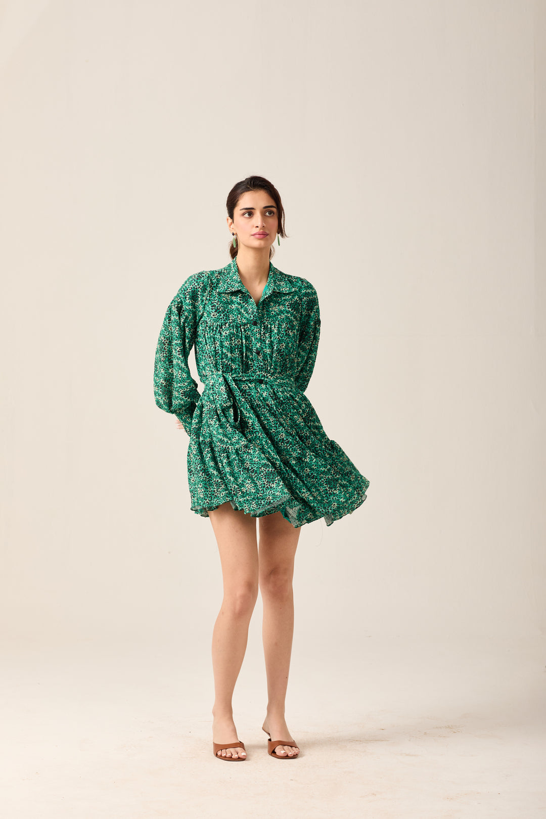 Green Voluminous Shirt Dress