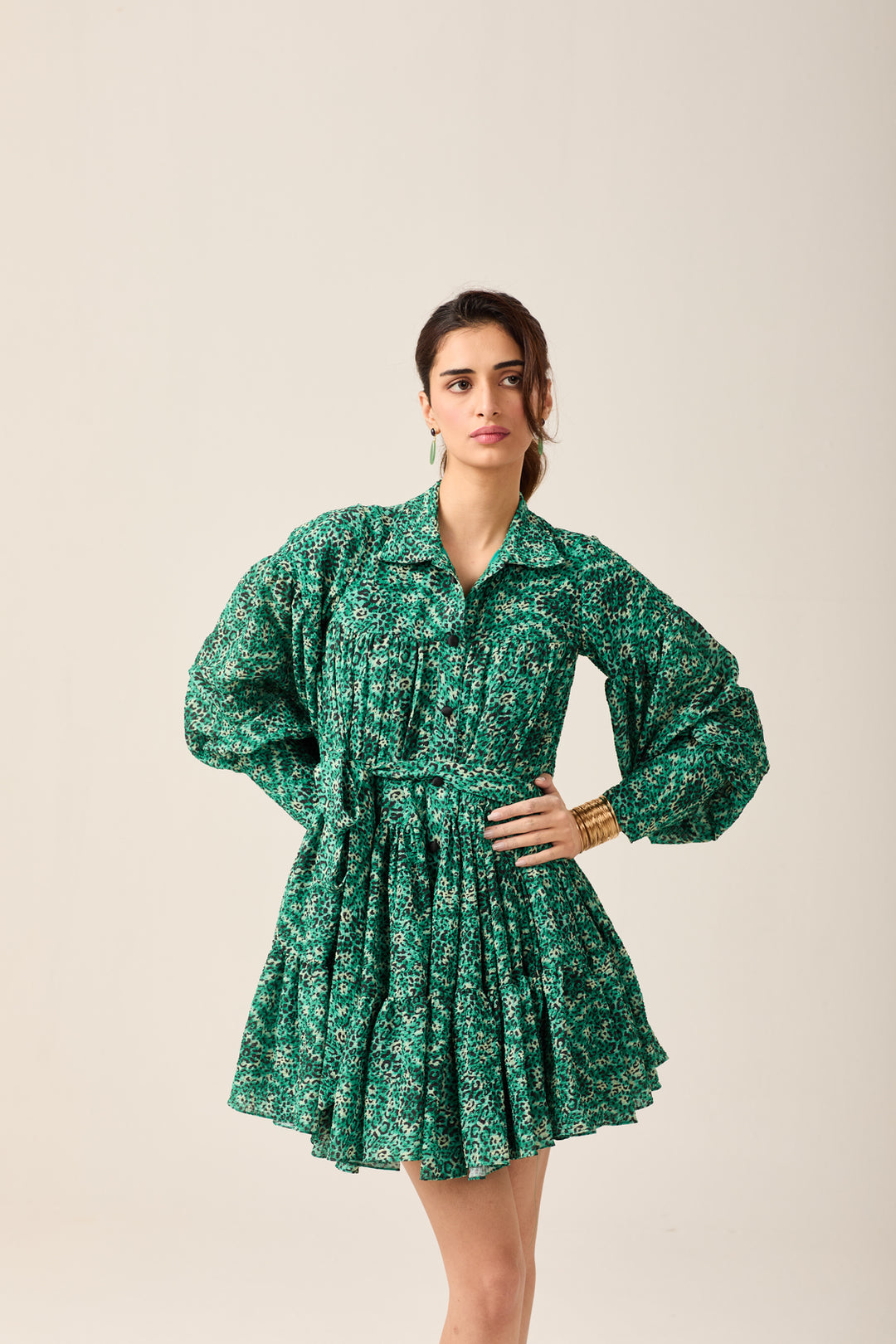 Green Voluminous Shirt Dress