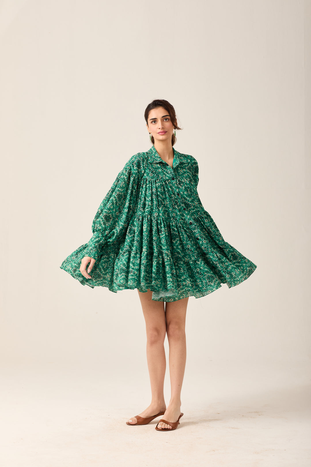 Green Voluminous Shirt Dress
