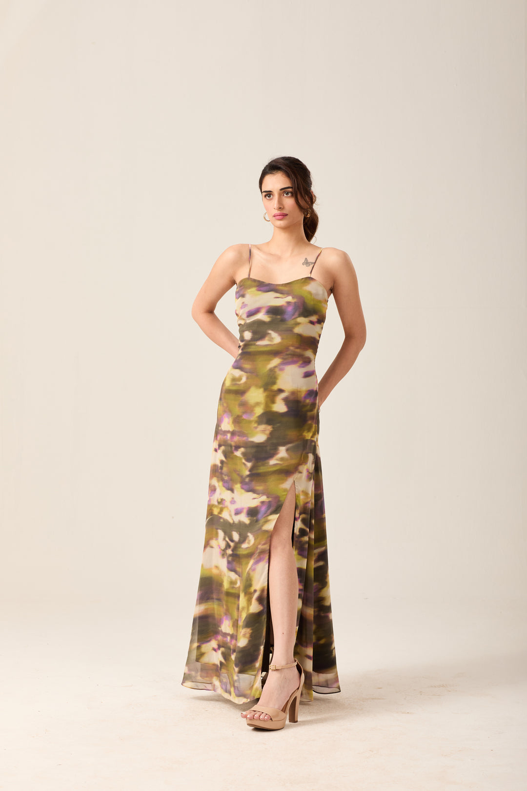 Olive Abstract Slit Maxi Dress
