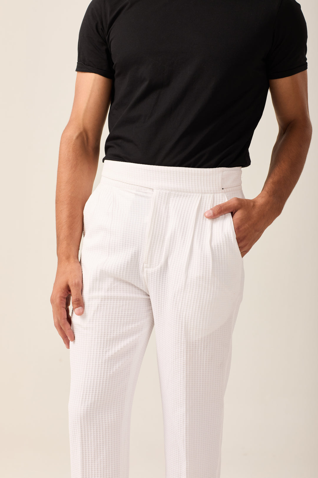 White Textured Formal Trousers