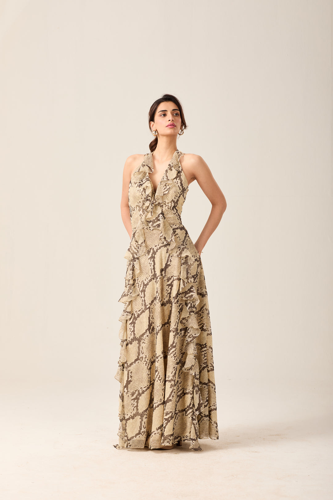 Snake Print Ruffle Maxi Dress