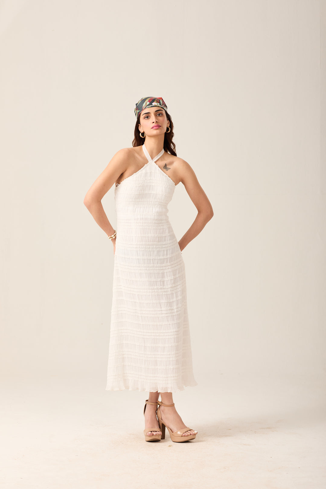 White Halter Neck Midi Dress