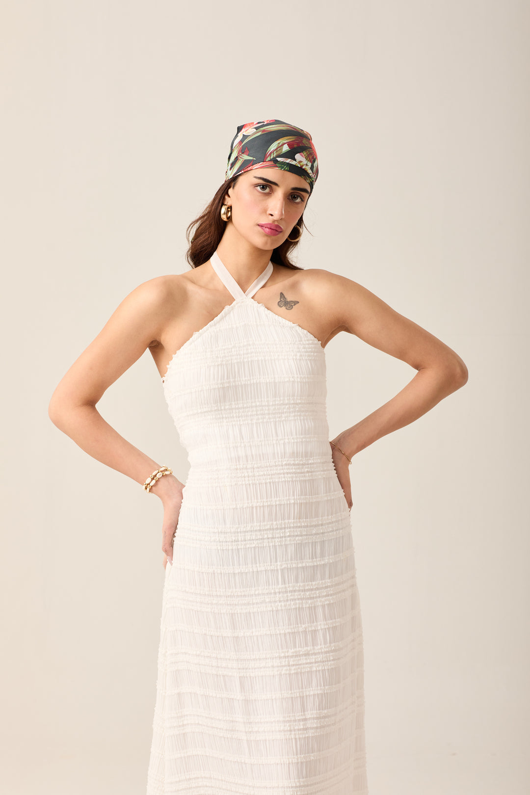 White Halter Neck Midi Dress