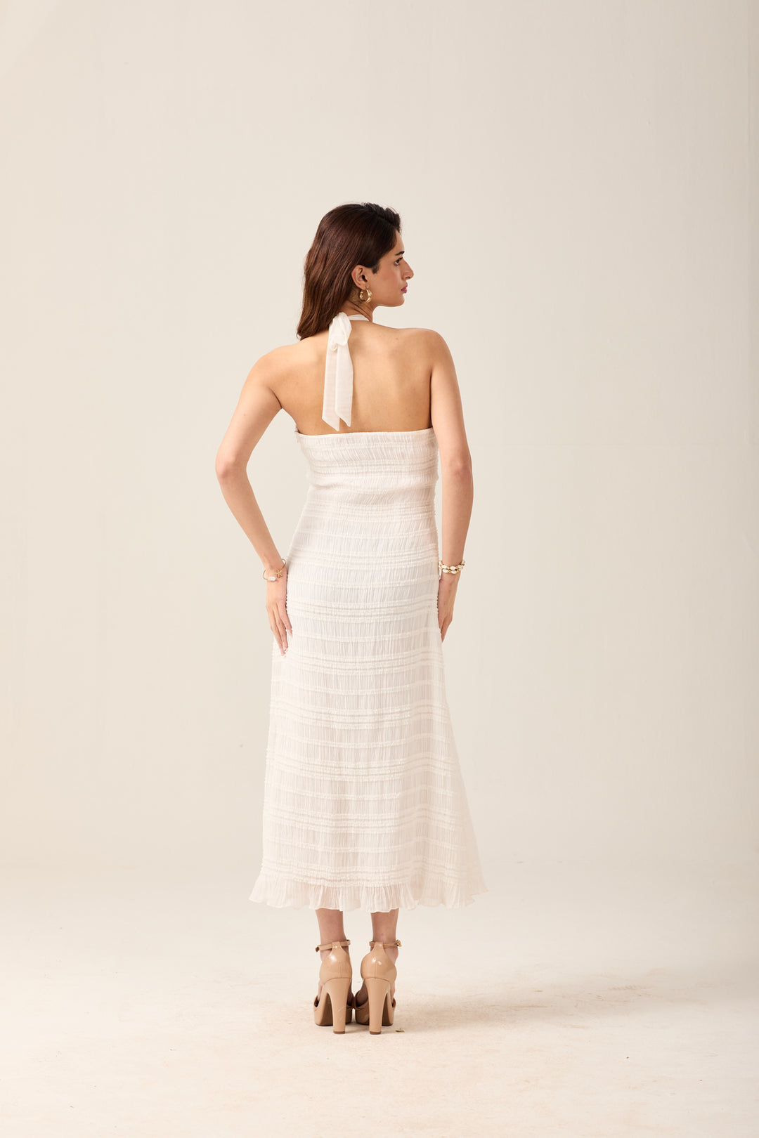 White Halter Neck Midi Dress