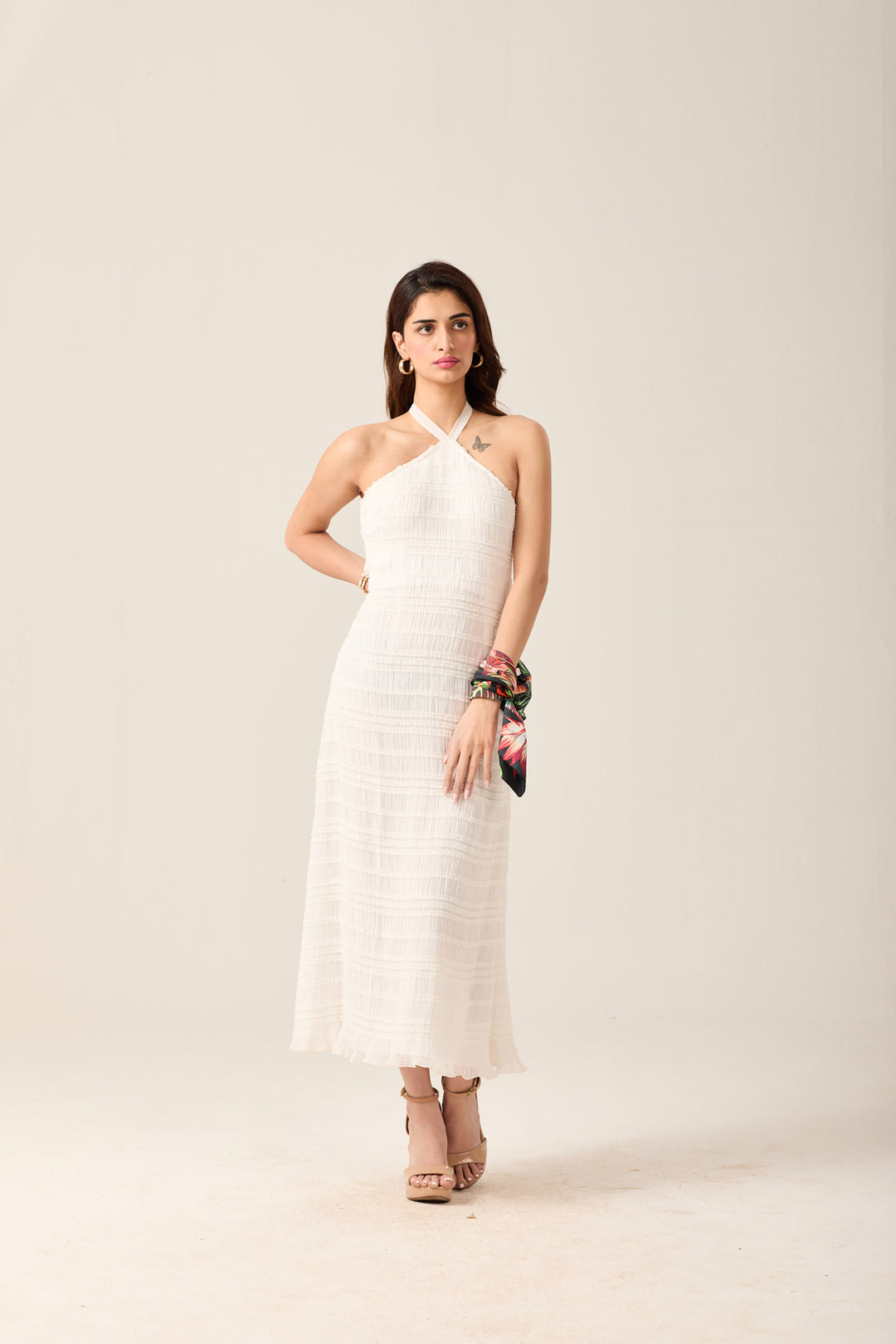 White Halter Neck Midi Dress