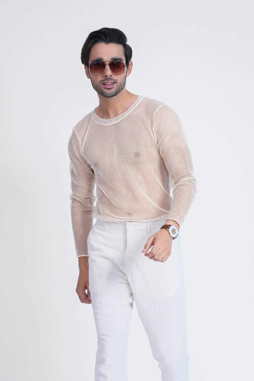 Beige Mesh Knit T-Shirt