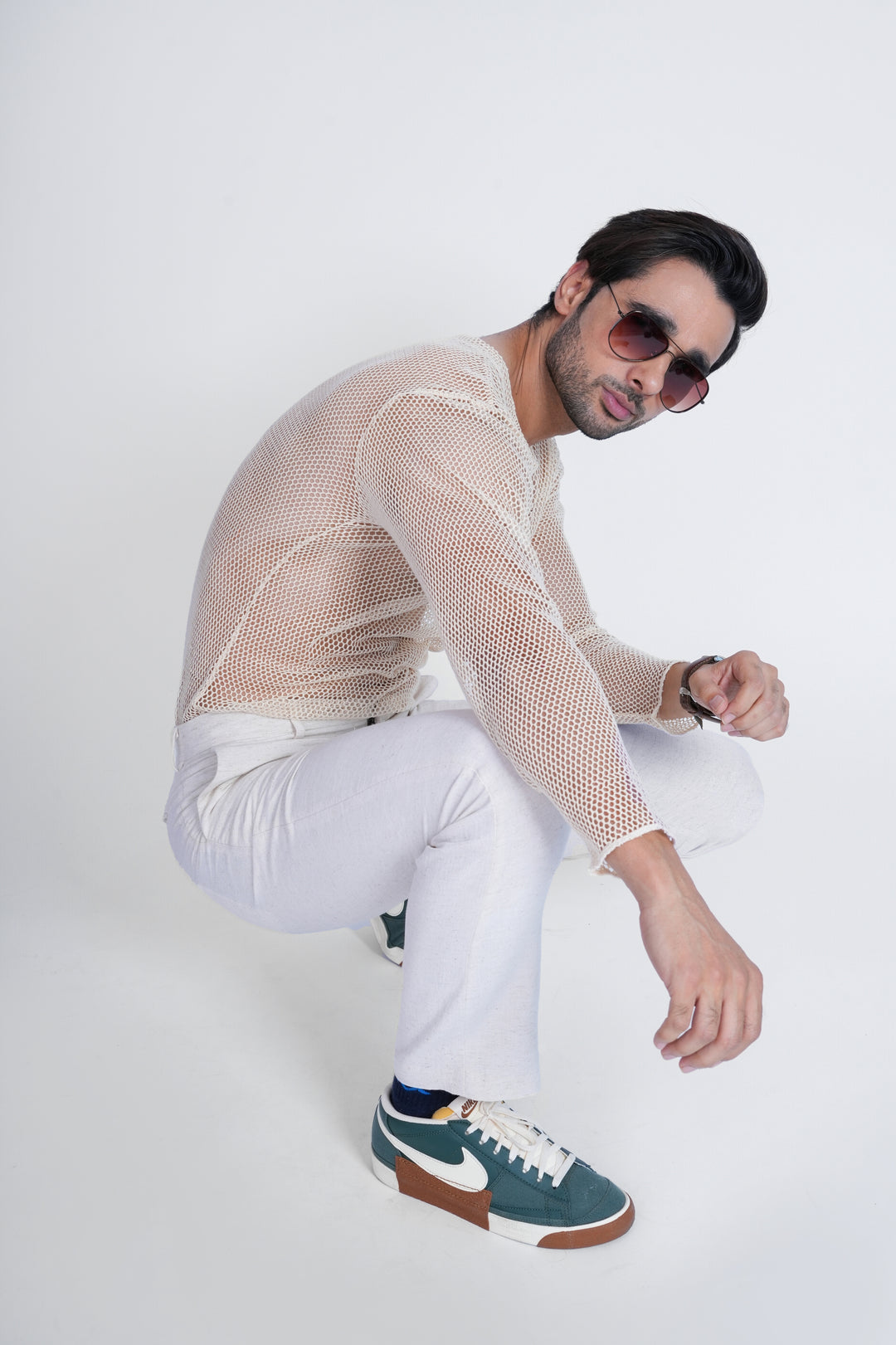 Beige Mesh Knit T-Shirt