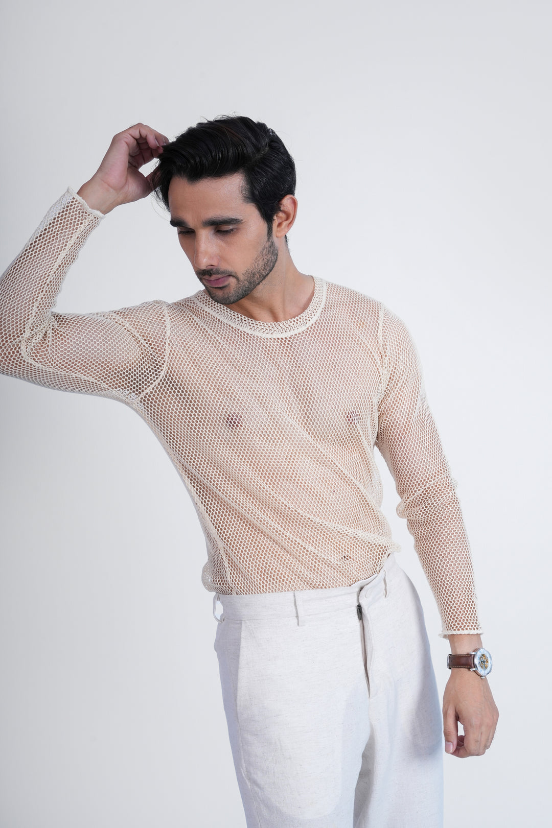 Beige Mesh Knit T-Shirt