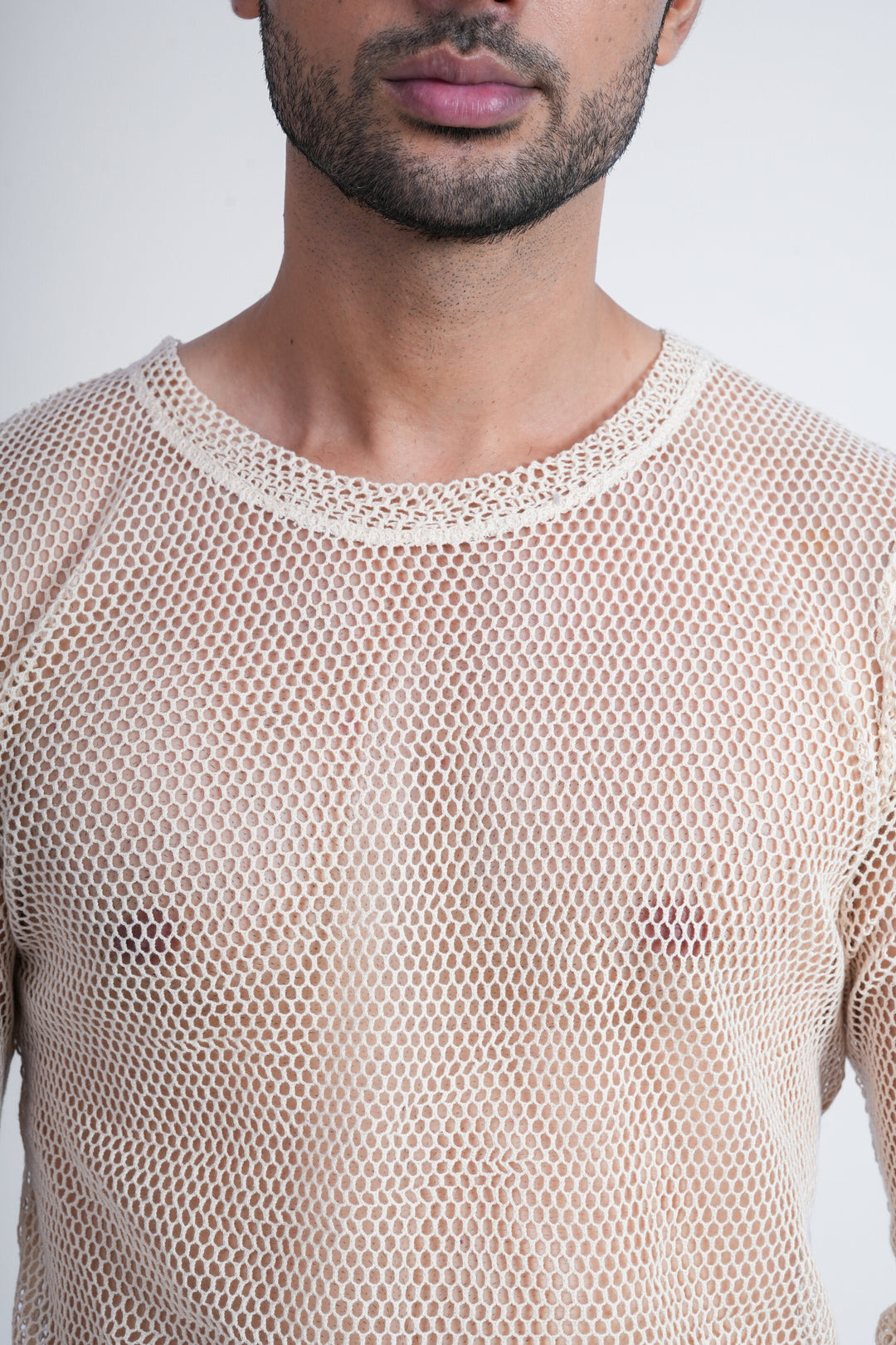 Beige Mesh Knit T-Shirt