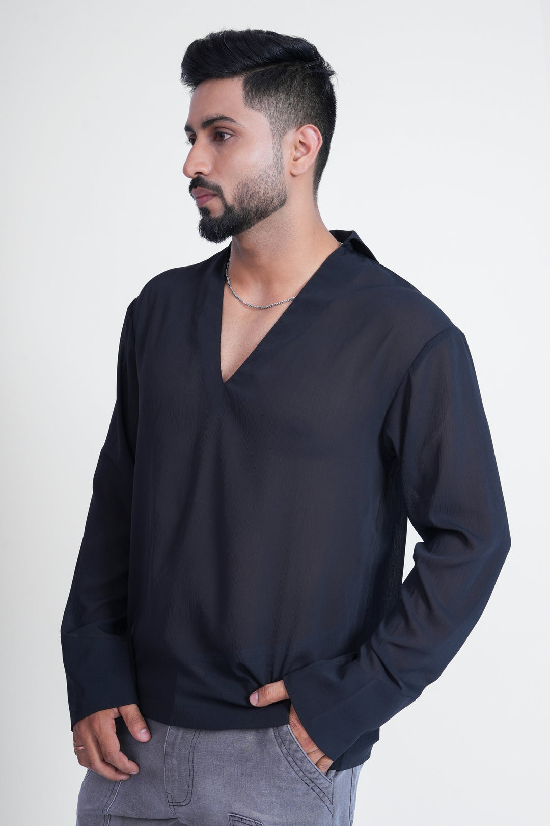 Black V-Neck Long-Sleeve Top