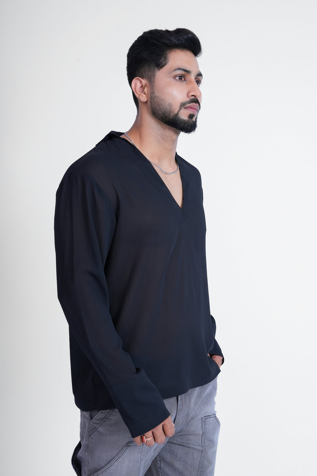 Black V-Neck Long-Sleeve Top