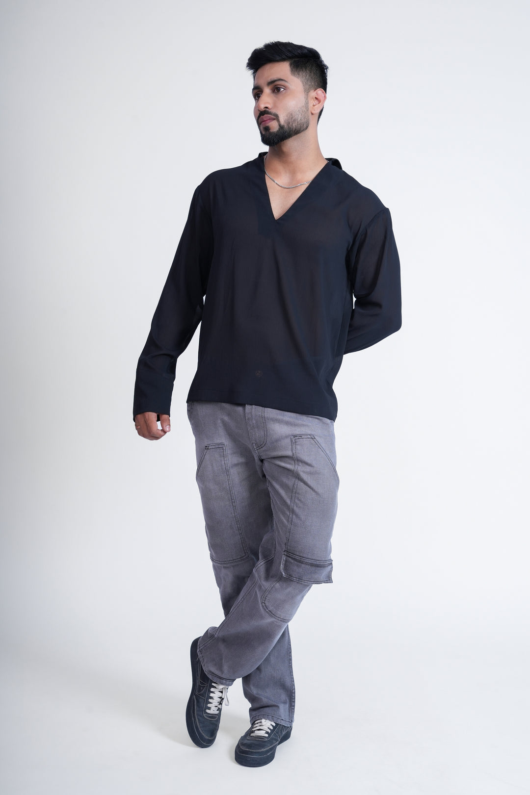 Black V-Neck Long-Sleeve Top