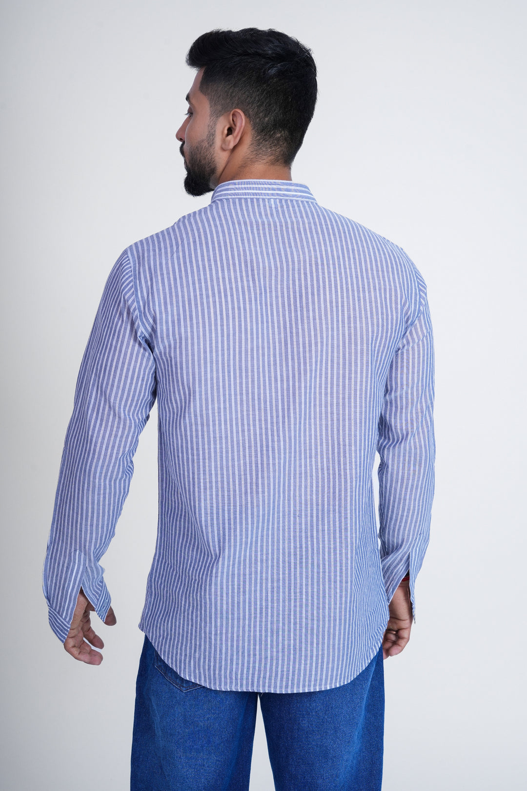 Blue Striped Mandarin Collar Shirt