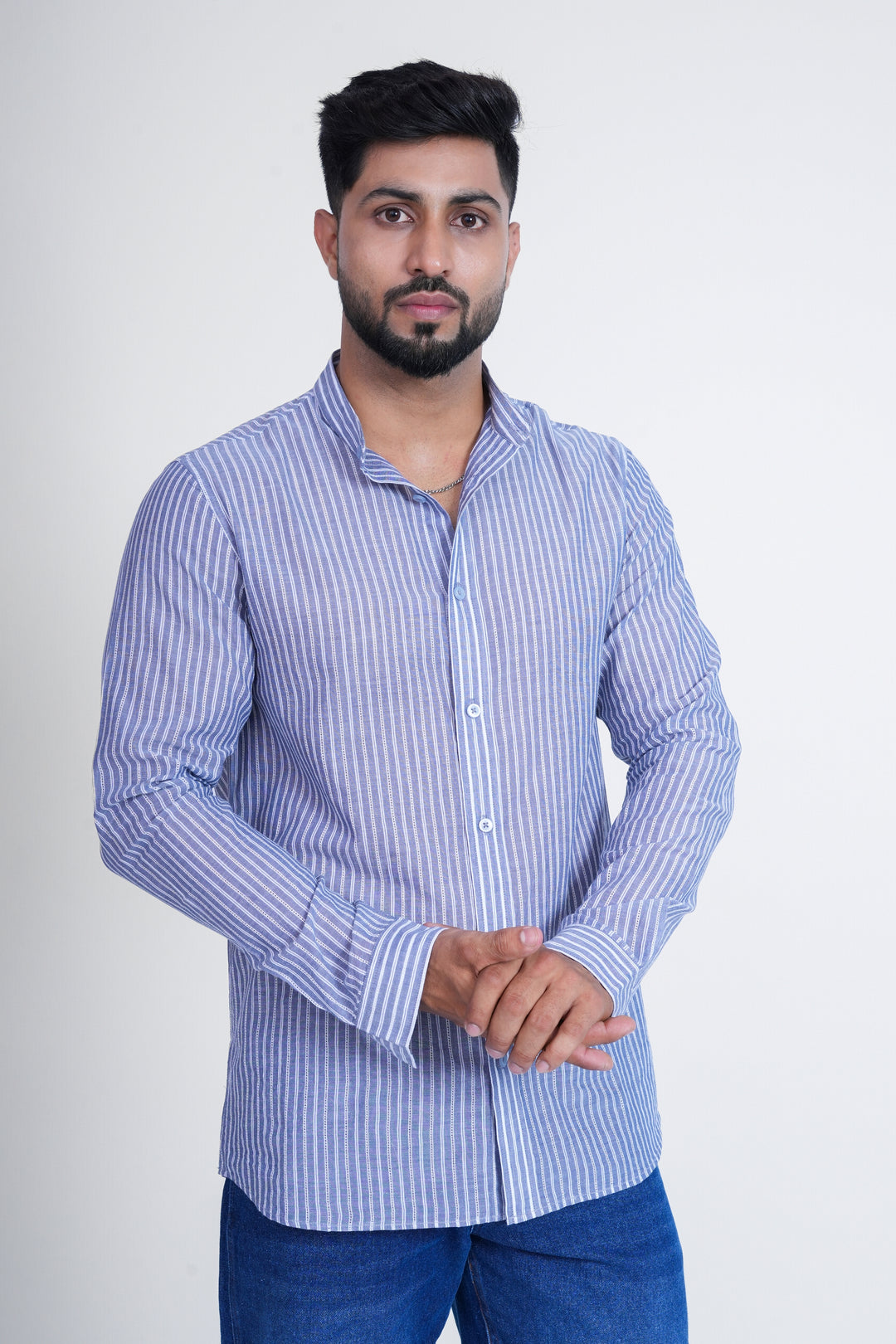 Blue Striped Mandarin Collar Shirt