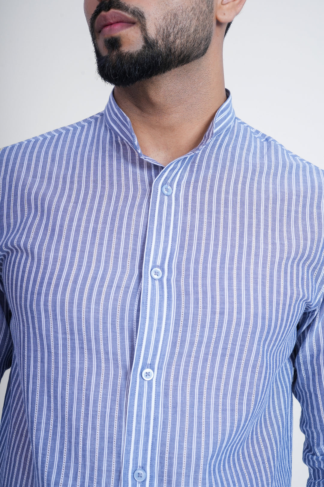 Blue Striped Mandarin Collar Shirt