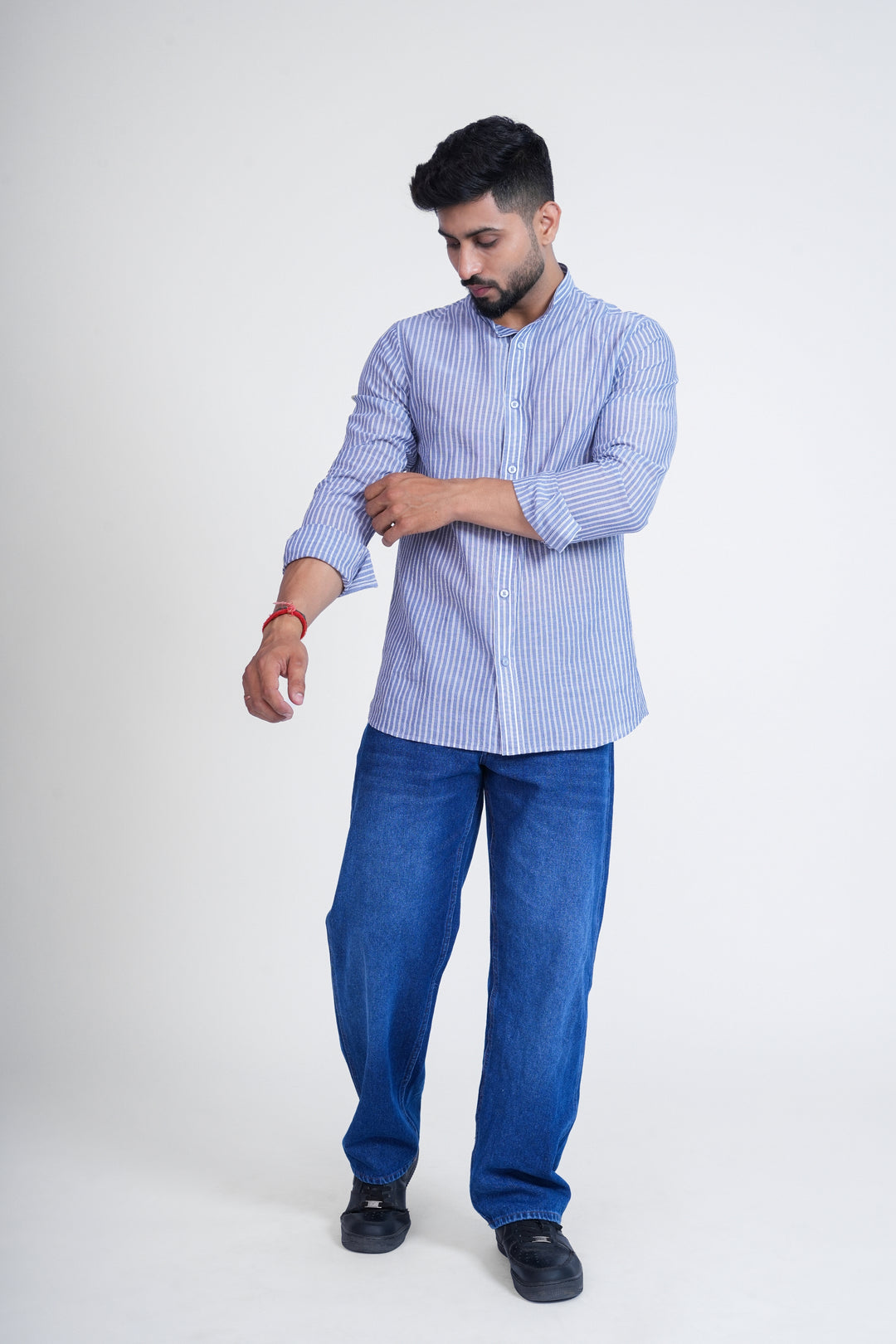 Blue Striped Mandarin Collar Shirt