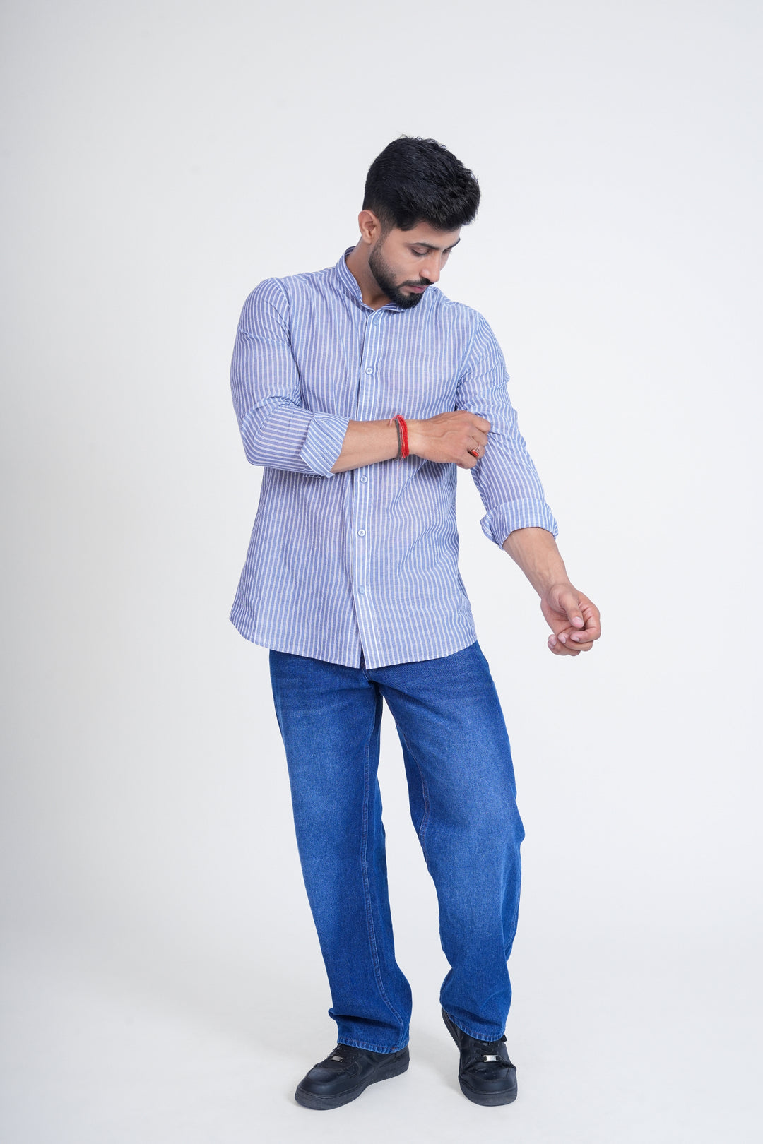 Blue Striped Mandarin Collar Shirt