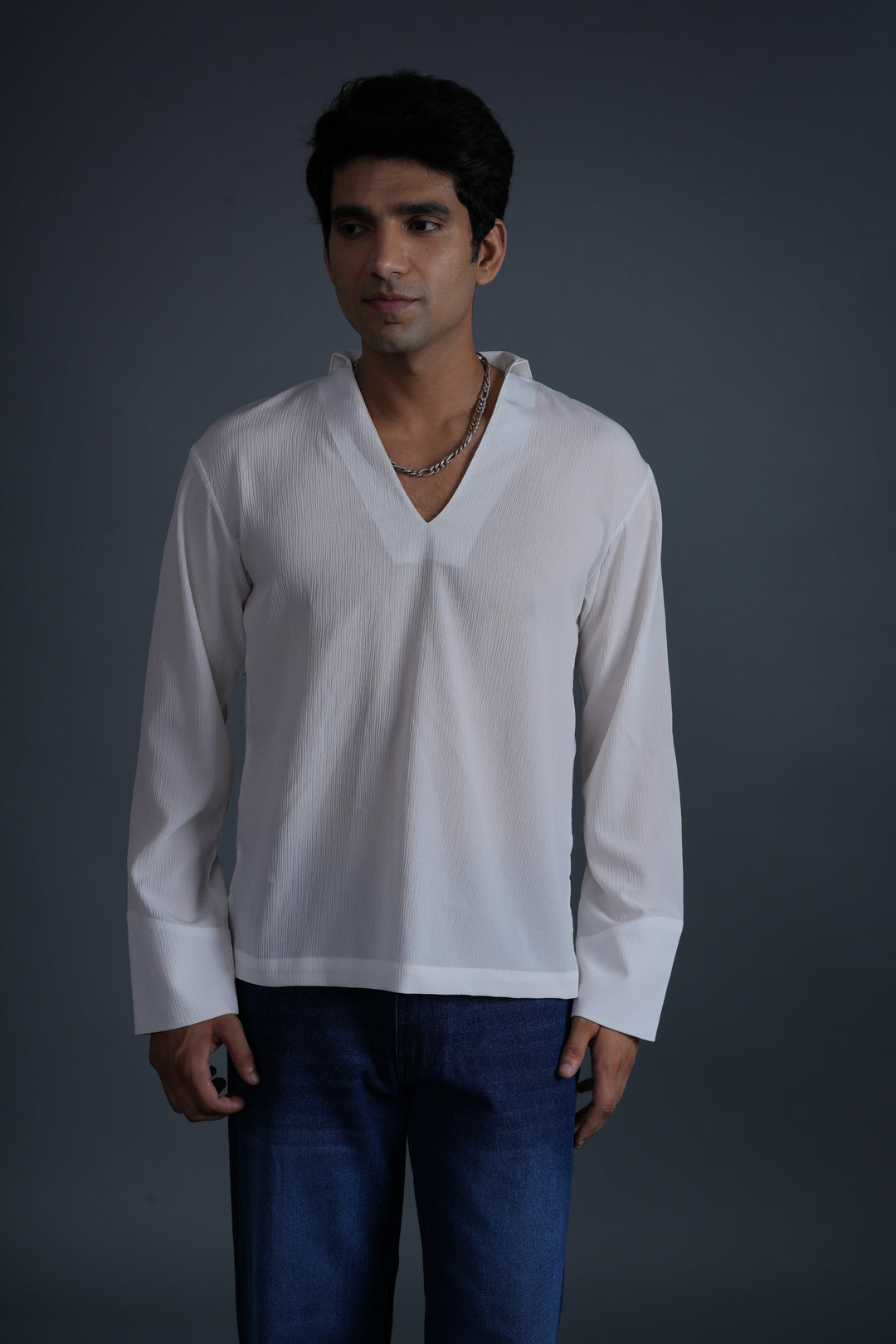 Ivory Textured V-Neck Shirt