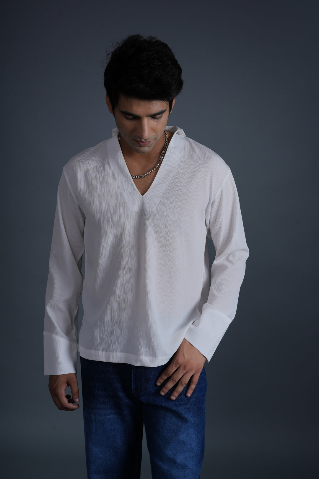 Ivory Textured V-Neck Shirt