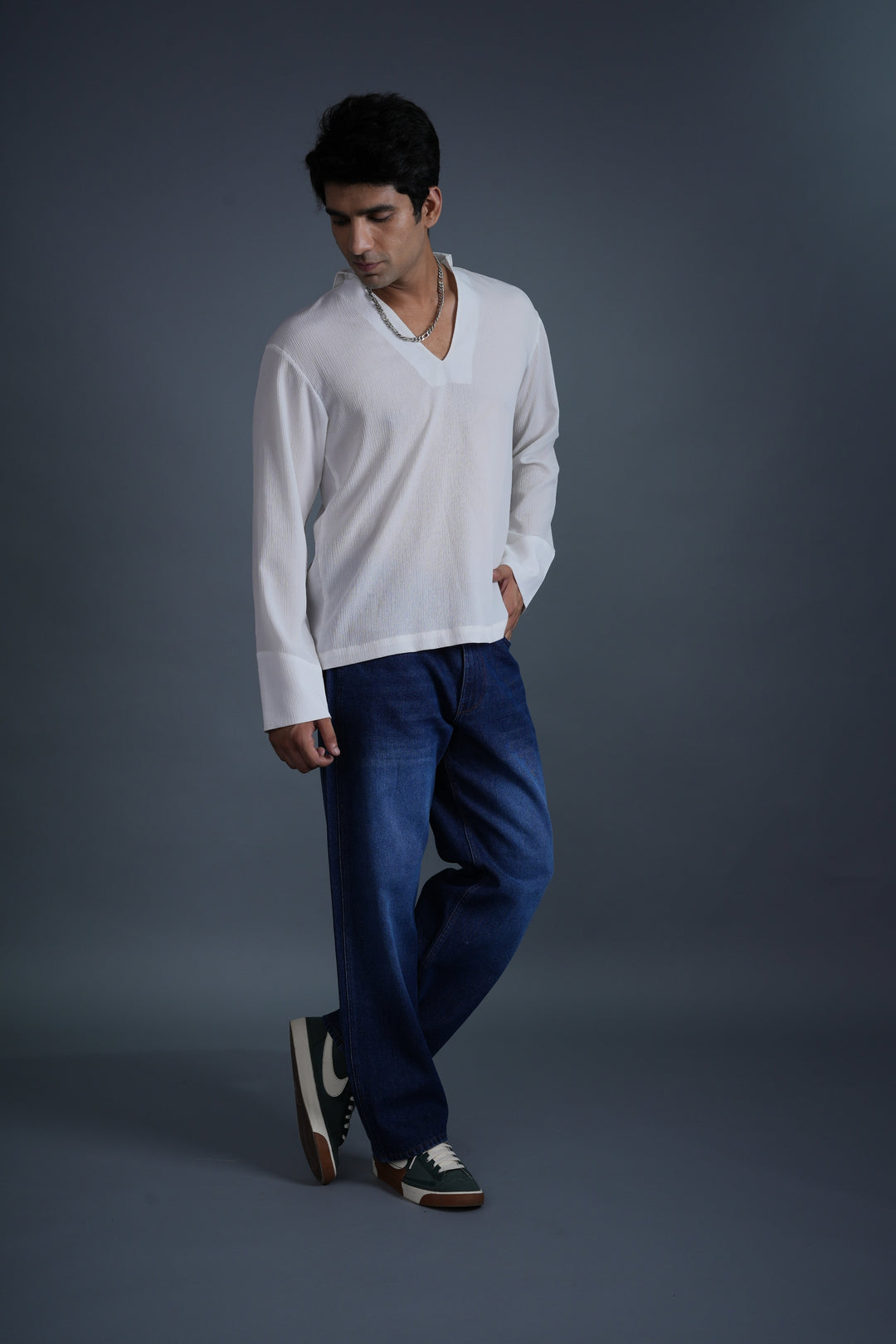Ivory Textured V-Neck Shirt