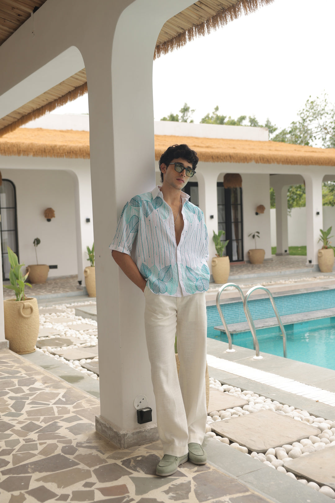 Sea Green -White Embroidered Linen Shirt