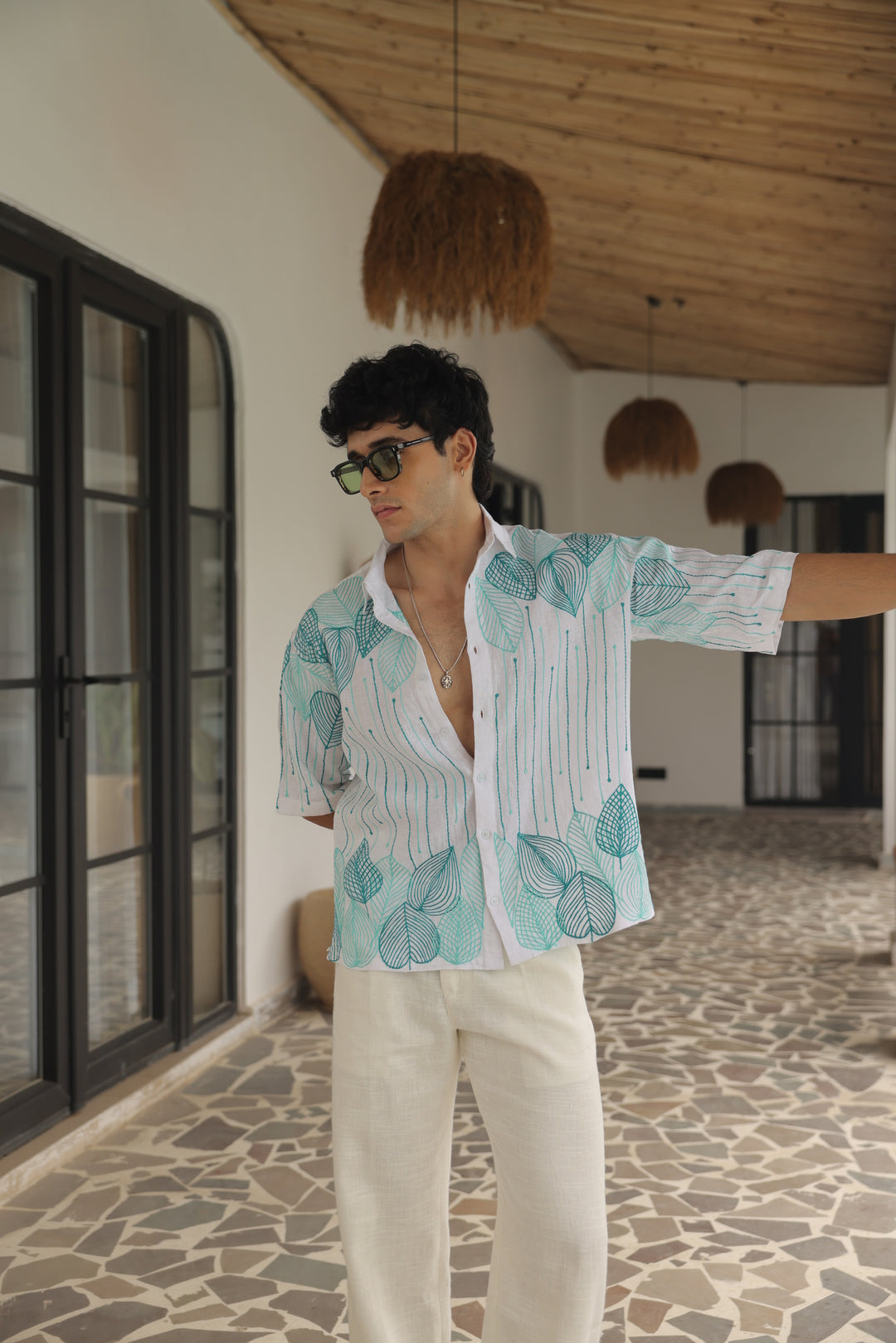 Sea Green -White Embroidered Linen Shirt
