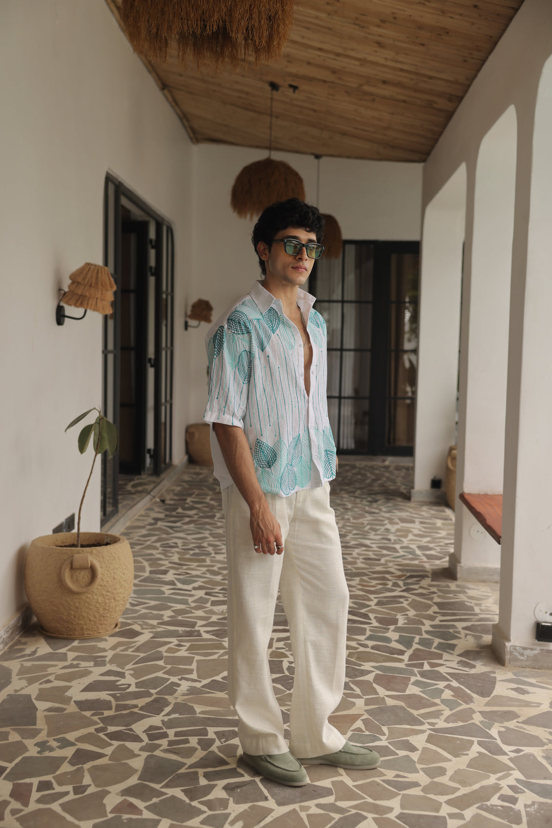 Sea Green -White Embroidered Linen Shirt
