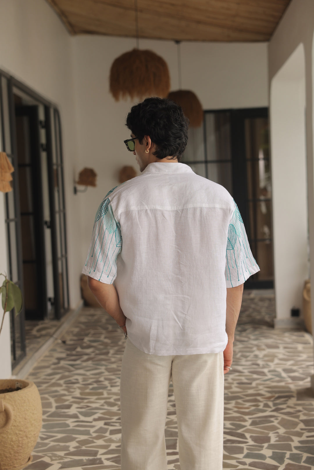 Sea Green -White Embroidered Linen Shirt