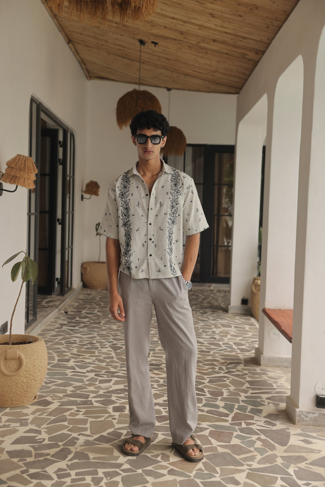 Ivory-Black Vine Linen Shirt