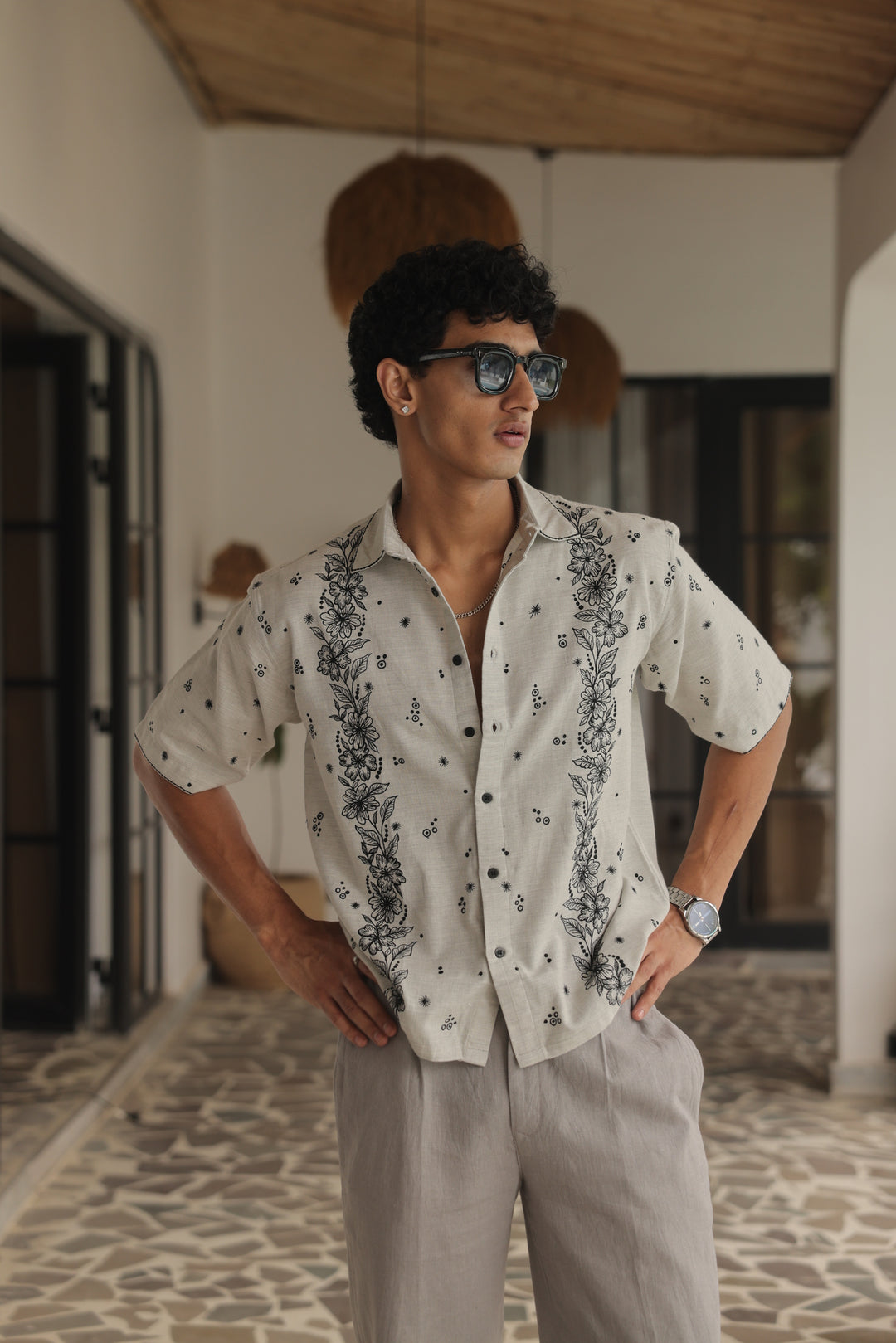 Ivory-Black Vine Linen Shirt