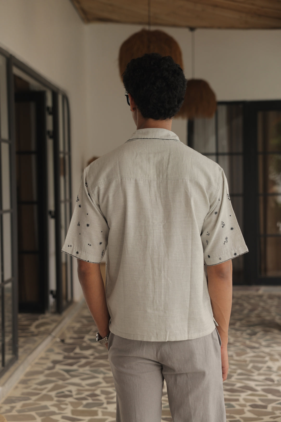 Ivory-Black Vine Linen Shirt