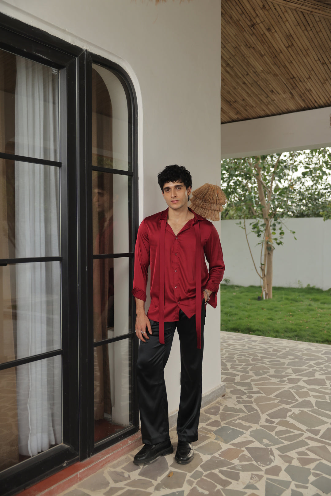 Crimson Luxe Tie-Neck Satin Shirt