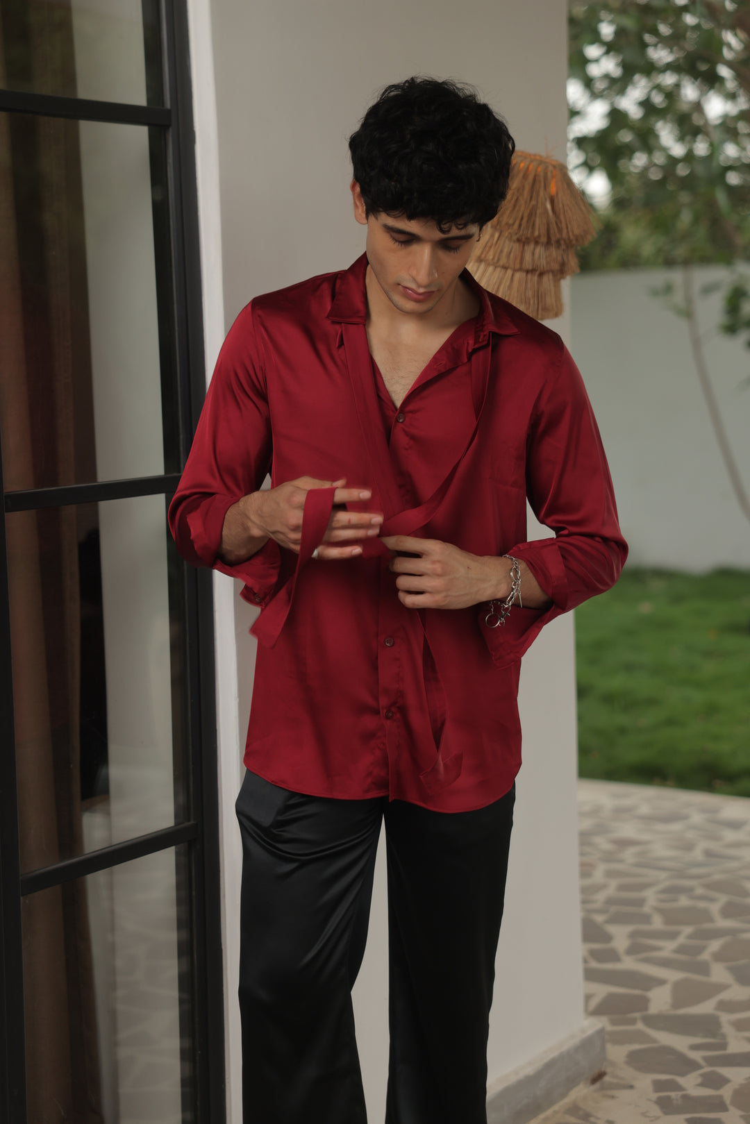 Crimson Luxe Tie-Neck Satin Shirt
