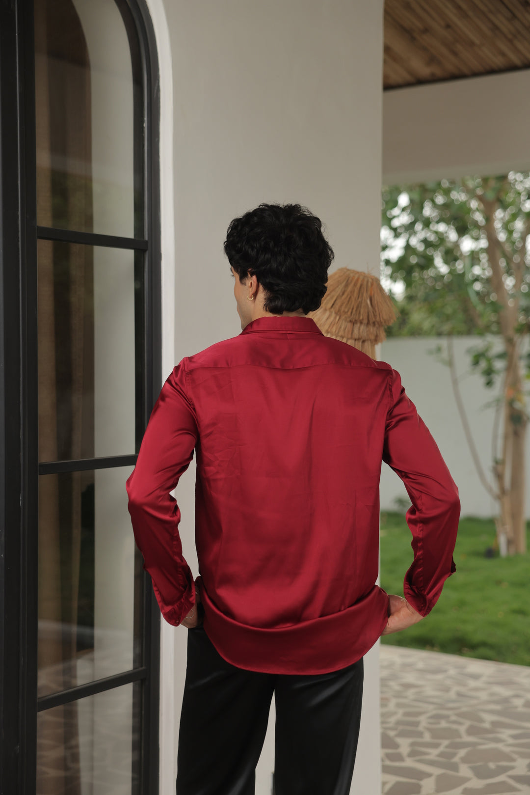 Crimson Luxe Tie-Neck Satin Shirt