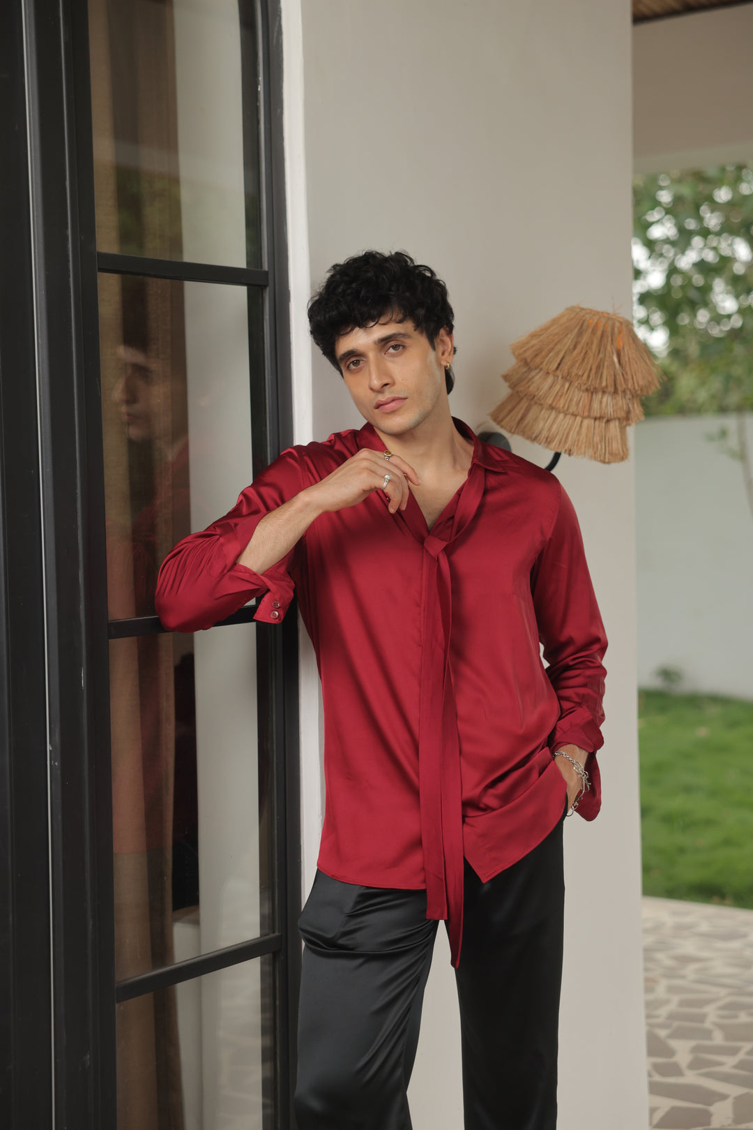 Crimson Luxe Tie-Neck Satin Shirt
