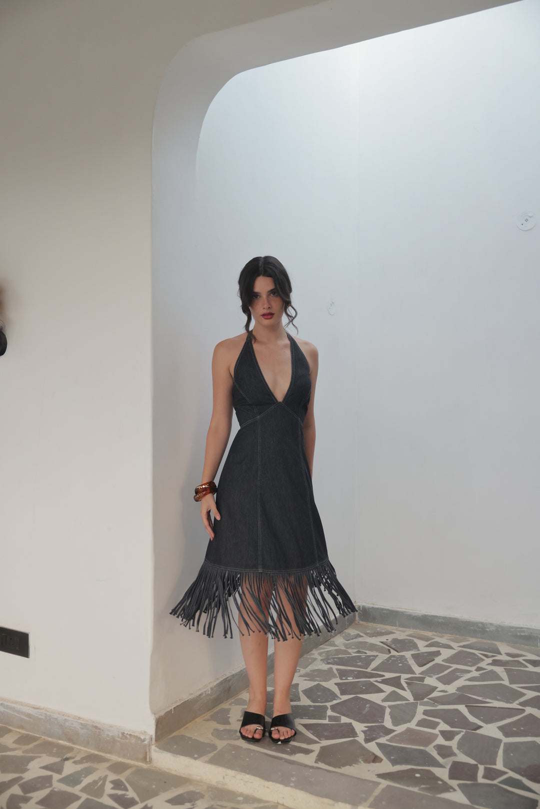 Midnight Fringe Denim Halter Dress