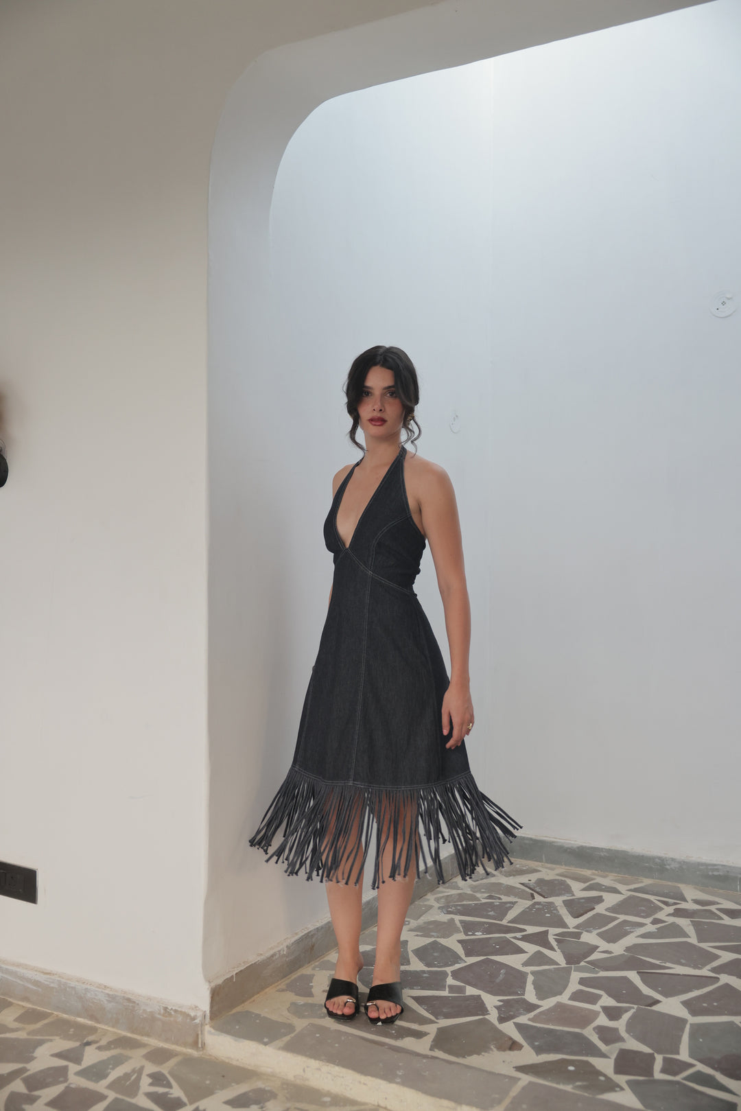 Midnight Fringe Denim Halter Dress