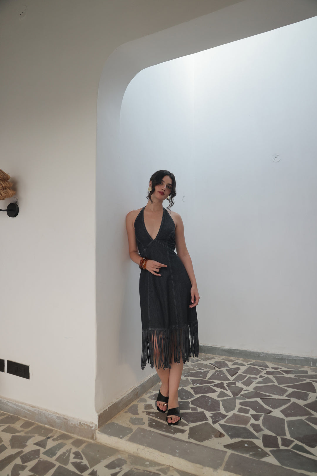 Midnight Fringe Denim Halter Dress