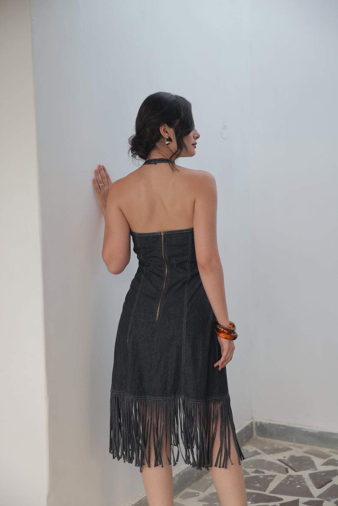 Midnight Fringe Denim Halter Dress