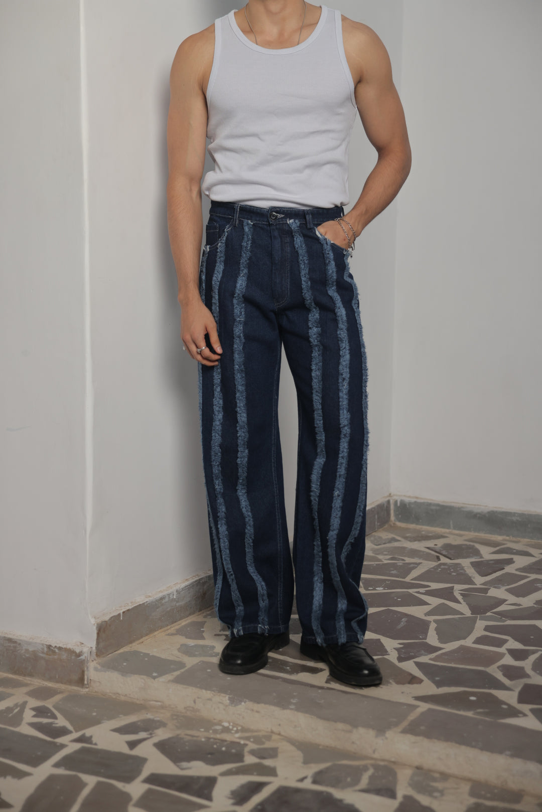 Midnight Fringe Wide-Leg Jeans