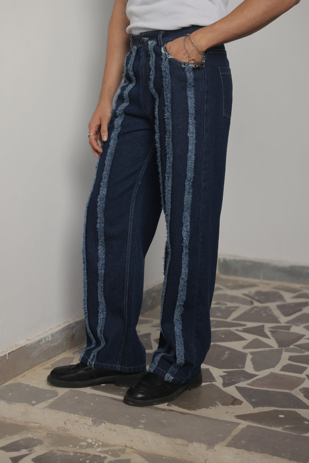 Midnight Fringe Wide-Leg Jeans