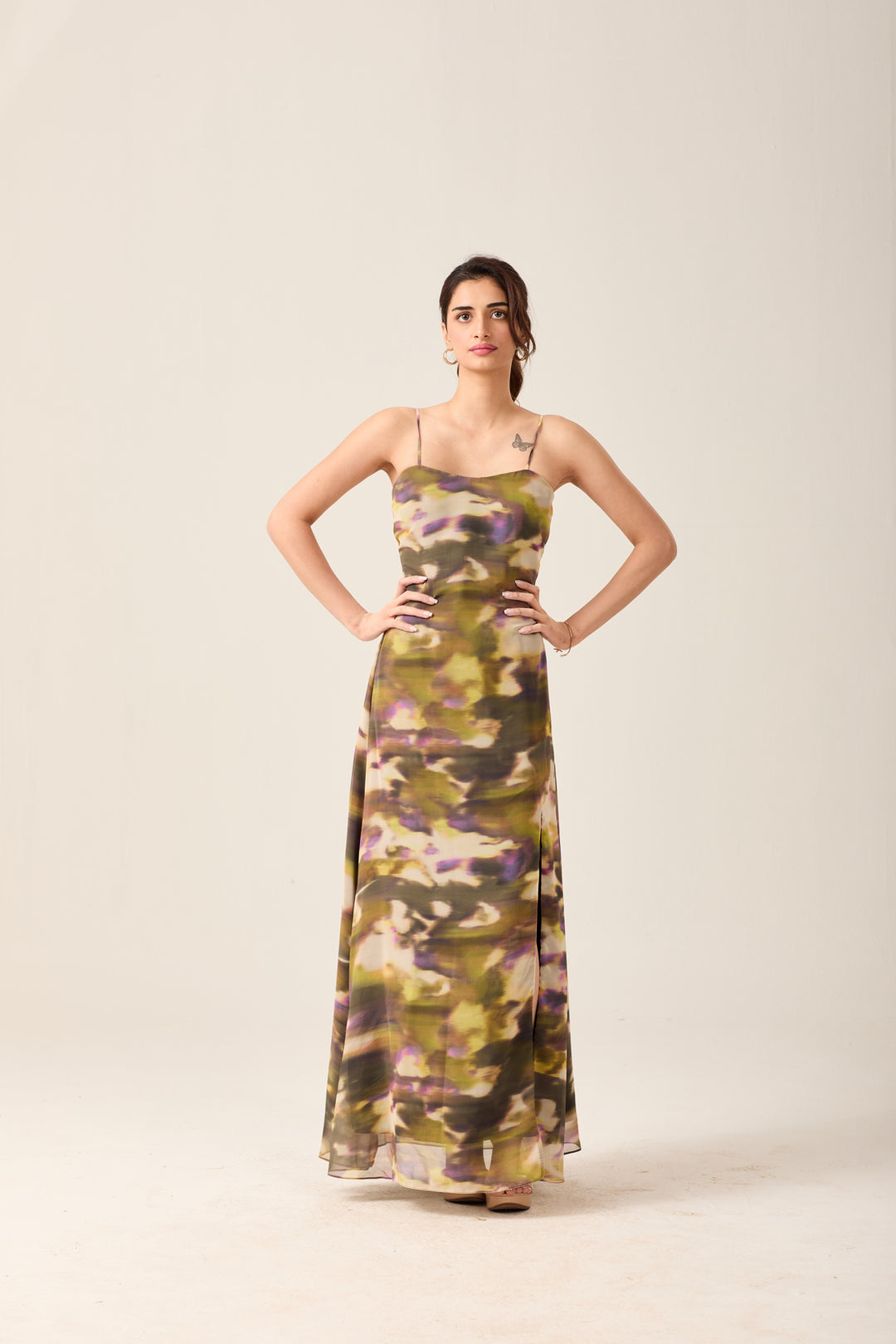 Olive Abstract Slit Maxi Dress